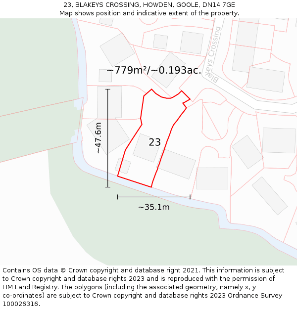 23, BLAKEYS CROSSING, HOWDEN, GOOLE, DN14 7GE: Plot and title map