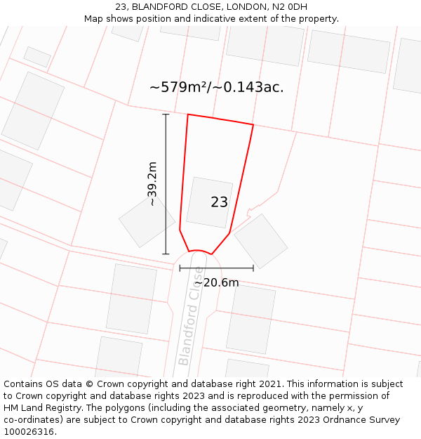 23, BLANDFORD CLOSE, LONDON, N2 0DH: Plot and title map