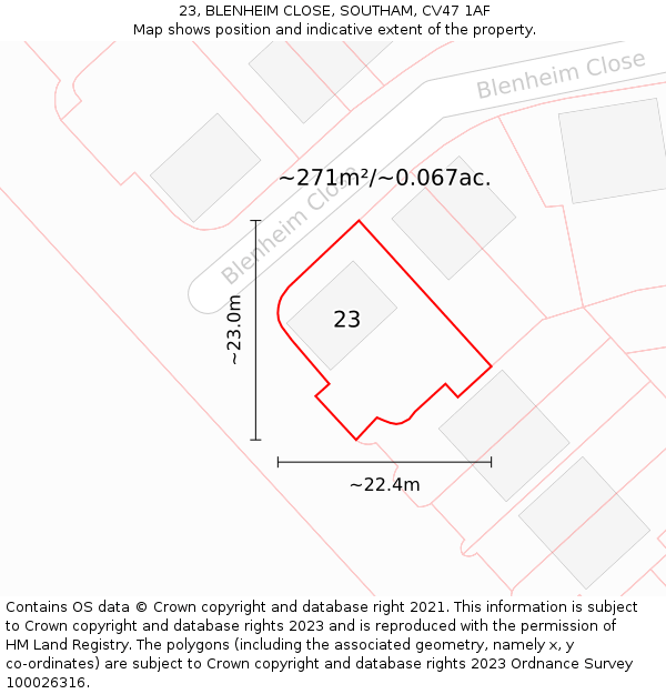 23, BLENHEIM CLOSE, SOUTHAM, CV47 1AF: Plot and title map