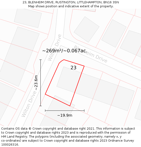 23, BLENHEIM DRIVE, RUSTINGTON, LITTLEHAMPTON, BN16 3SN: Plot and title map