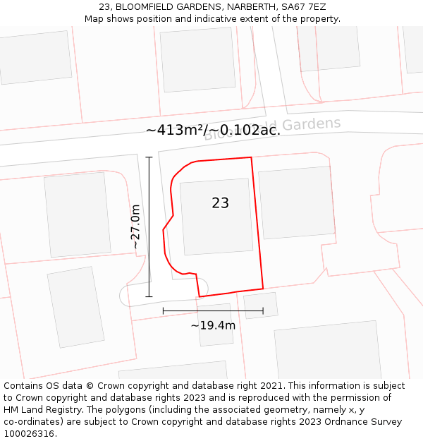 23, BLOOMFIELD GARDENS, NARBERTH, SA67 7EZ: Plot and title map