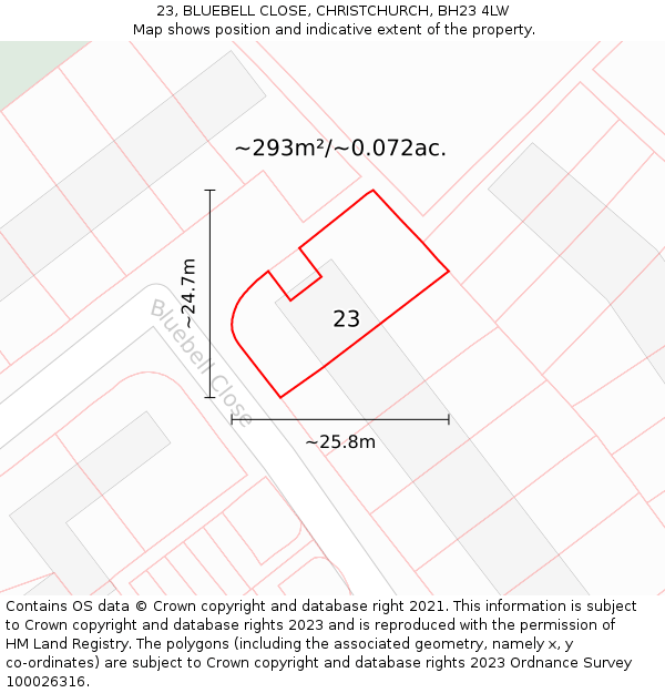 23, BLUEBELL CLOSE, CHRISTCHURCH, BH23 4LW: Plot and title map