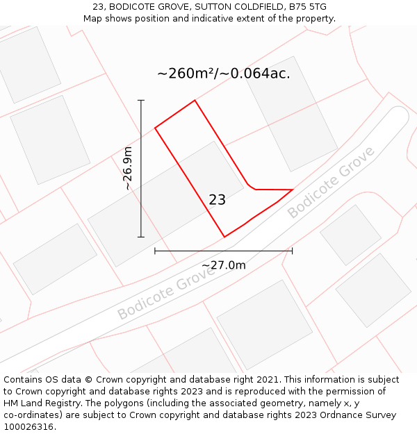 23, BODICOTE GROVE, SUTTON COLDFIELD, B75 5TG: Plot and title map