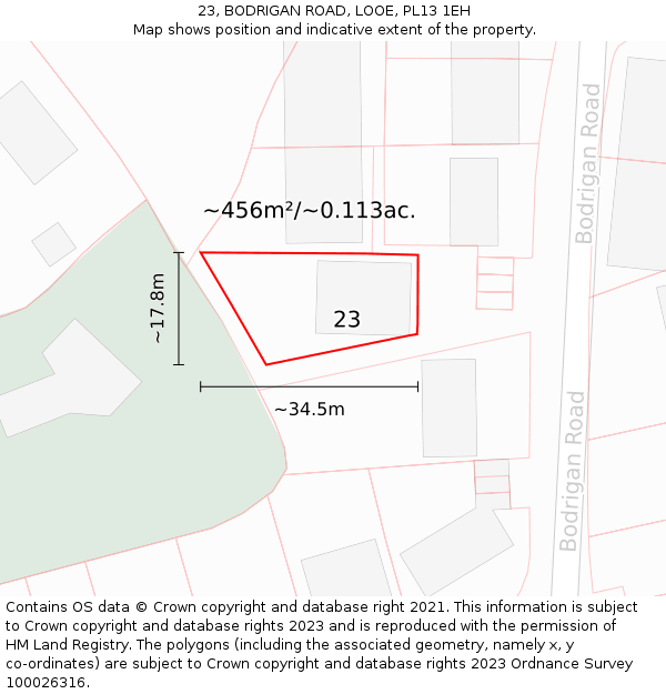 23, BODRIGAN ROAD, LOOE, PL13 1EH: Plot and title map