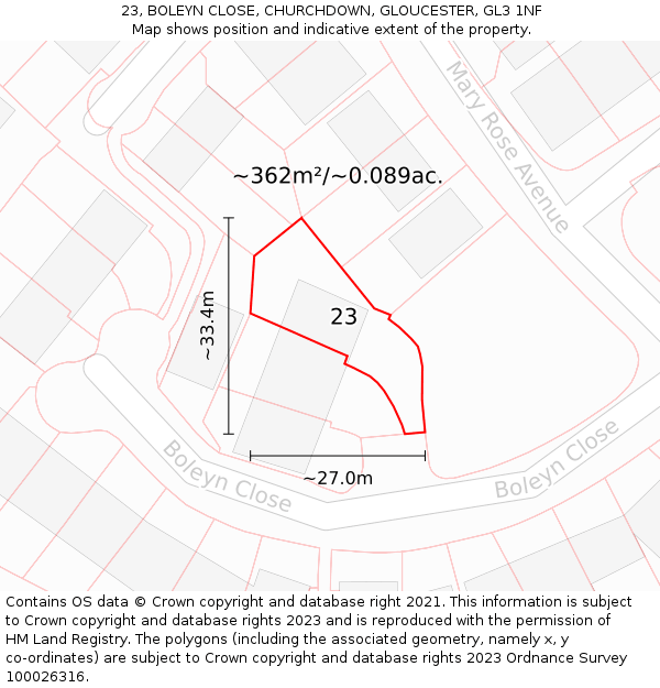 23, BOLEYN CLOSE, CHURCHDOWN, GLOUCESTER, GL3 1NF: Plot and title map