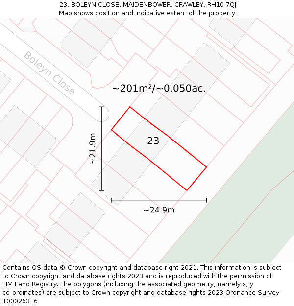 23, BOLEYN CLOSE, MAIDENBOWER, CRAWLEY, RH10 7QJ: Plot and title map