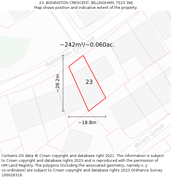23, BONINGTON CRESCENT, BILLINGHAM, TS23 3WJ: Plot and title map