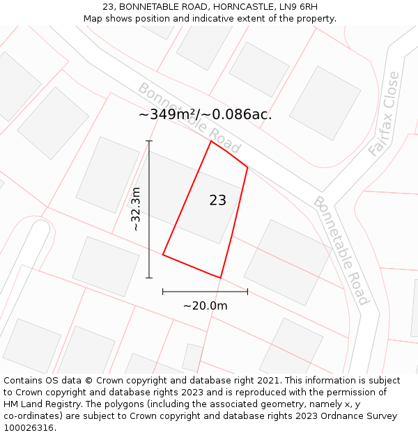 23, BONNETABLE ROAD, HORNCASTLE, LN9 6RH: Plot and title map