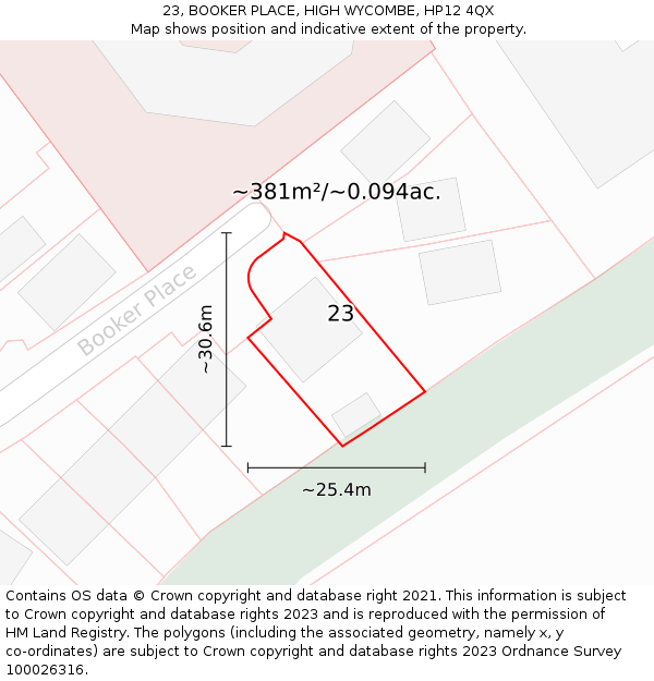 23, BOOKER PLACE, HIGH WYCOMBE, HP12 4QX: Plot and title map