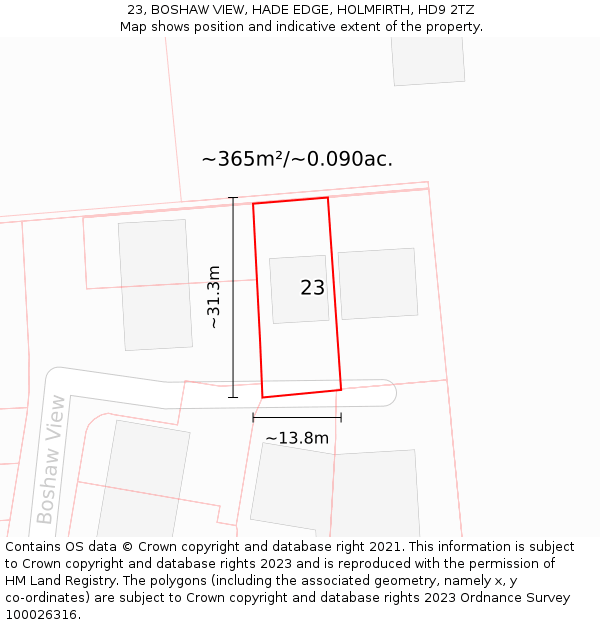23, BOSHAW VIEW, HADE EDGE, HOLMFIRTH, HD9 2TZ: Plot and title map
