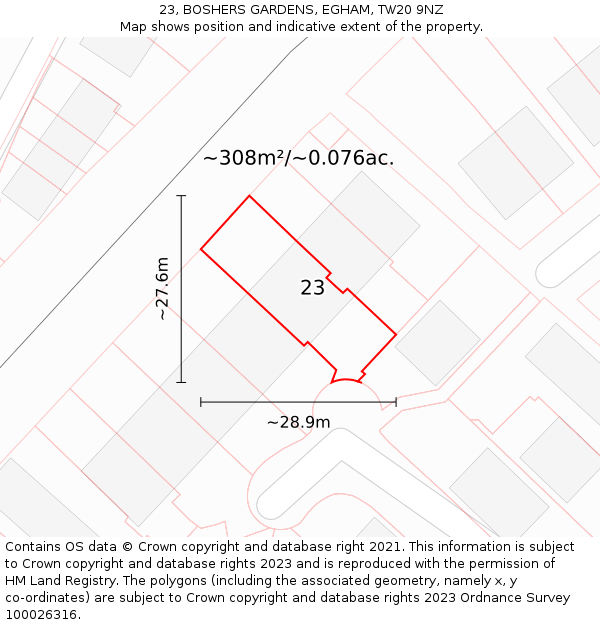 23, BOSHERS GARDENS, EGHAM, TW20 9NZ: Plot and title map