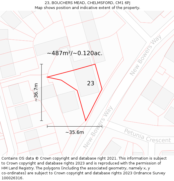 23, BOUCHERS MEAD, CHELMSFORD, CM1 6PJ: Plot and title map