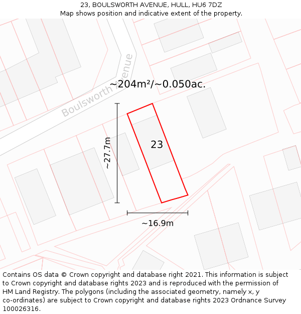 23, BOULSWORTH AVENUE, HULL, HU6 7DZ: Plot and title map