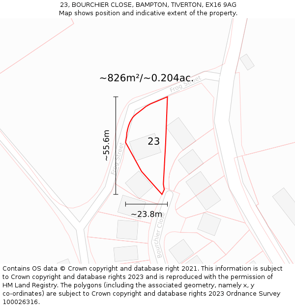 23, BOURCHIER CLOSE, BAMPTON, TIVERTON, EX16 9AG: Plot and title map