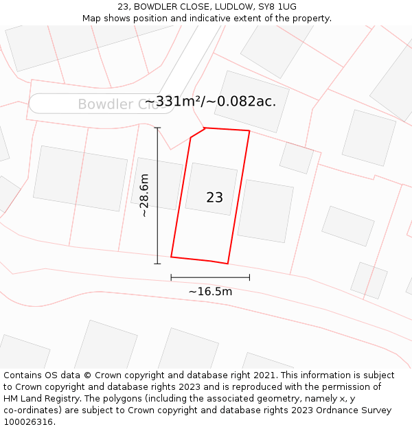 23, BOWDLER CLOSE, LUDLOW, SY8 1UG: Plot and title map
