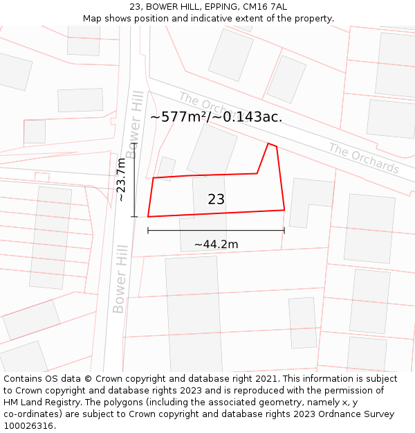 23, BOWER HILL, EPPING, CM16 7AL: Plot and title map