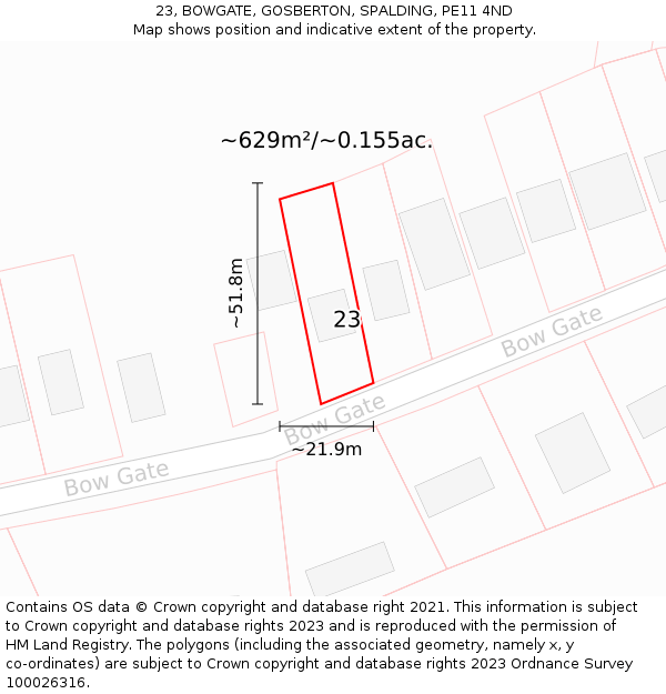 23, BOWGATE, GOSBERTON, SPALDING, PE11 4ND: Plot and title map