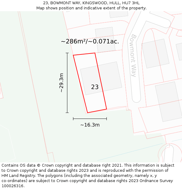 23, BOWMONT WAY, KINGSWOOD, HULL, HU7 3HL: Plot and title map