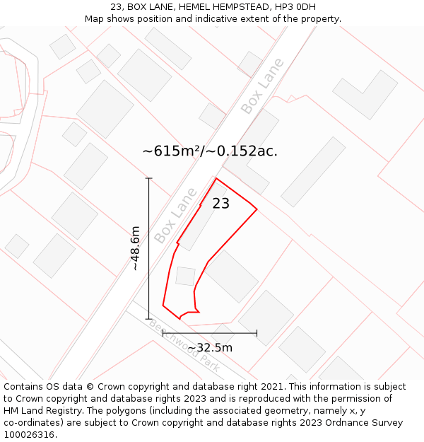23, BOX LANE, HEMEL HEMPSTEAD, HP3 0DH: Plot and title map
