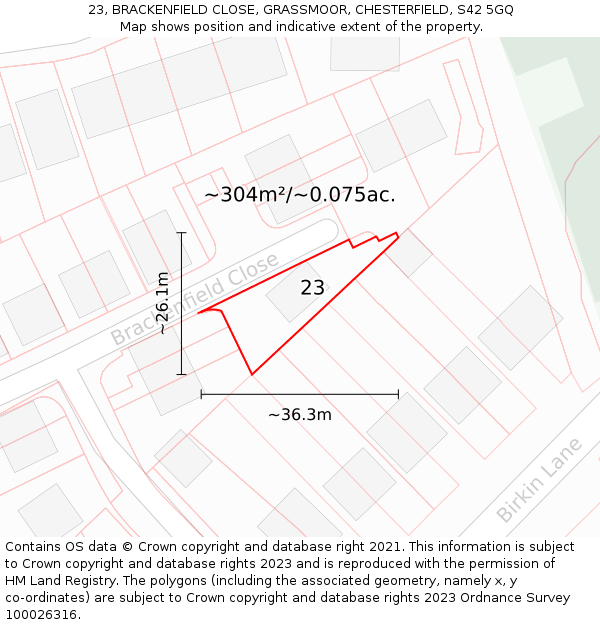 23, BRACKENFIELD CLOSE, GRASSMOOR, CHESTERFIELD, S42 5GQ: Plot and title map