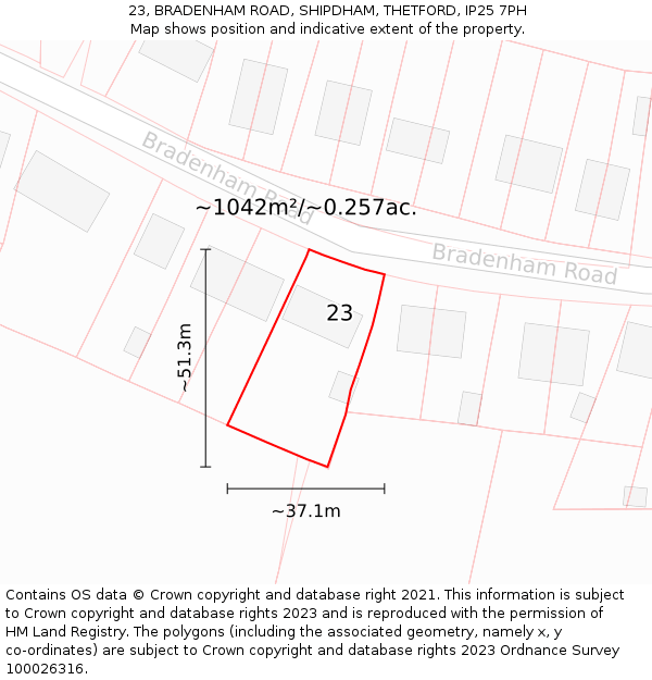 23, BRADENHAM ROAD, SHIPDHAM, THETFORD, IP25 7PH: Plot and title map