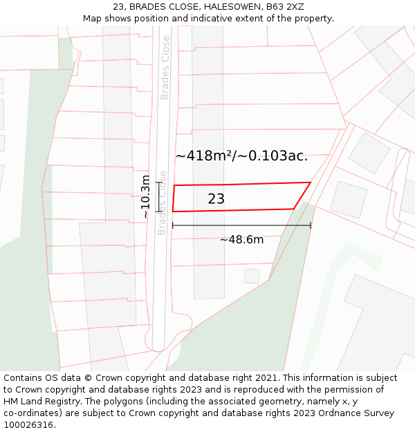 23, BRADES CLOSE, HALESOWEN, B63 2XZ: Plot and title map