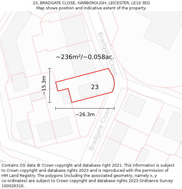 23, BRADGATE CLOSE, NARBOROUGH, LEICESTER, LE19 3EG: Plot and title map