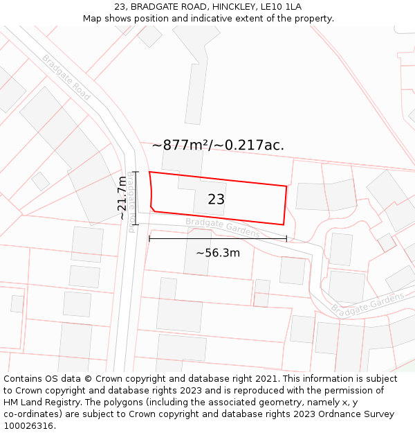 23, BRADGATE ROAD, HINCKLEY, LE10 1LA: Plot and title map
