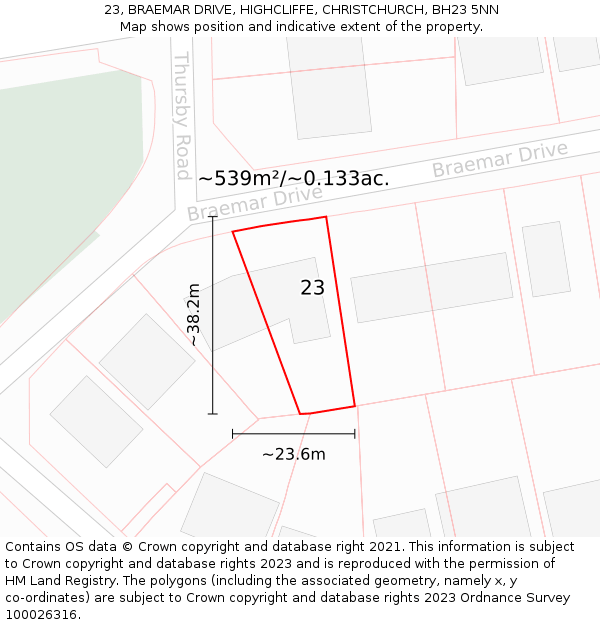 23, BRAEMAR DRIVE, HIGHCLIFFE, CHRISTCHURCH, BH23 5NN: Plot and title map