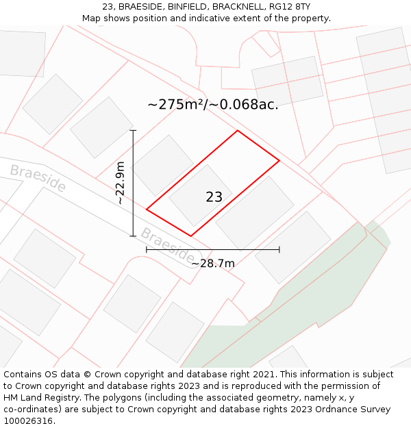 23, BRAESIDE, BINFIELD, BRACKNELL, RG12 8TY: Plot and title map