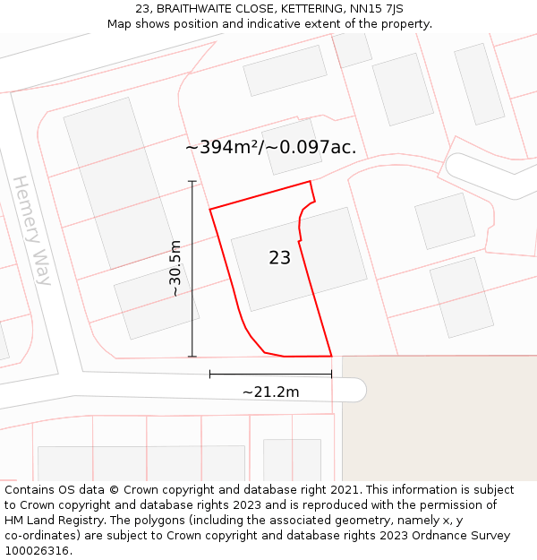 23, BRAITHWAITE CLOSE, KETTERING, NN15 7JS: Plot and title map