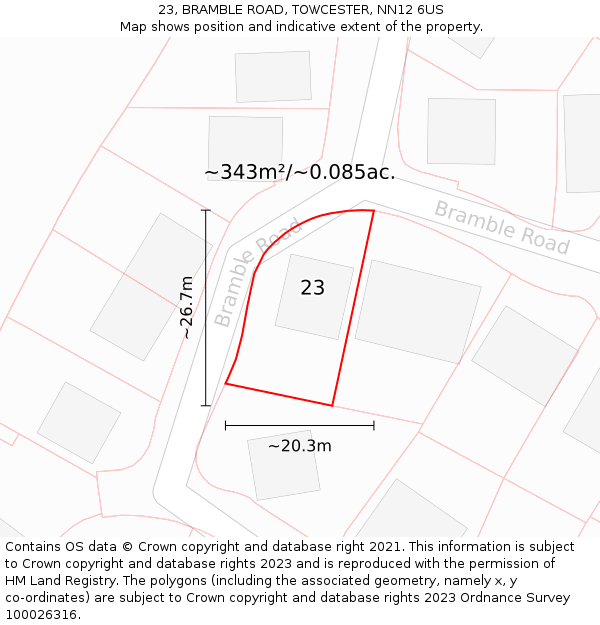 23, BRAMBLE ROAD, TOWCESTER, NN12 6US: Plot and title map