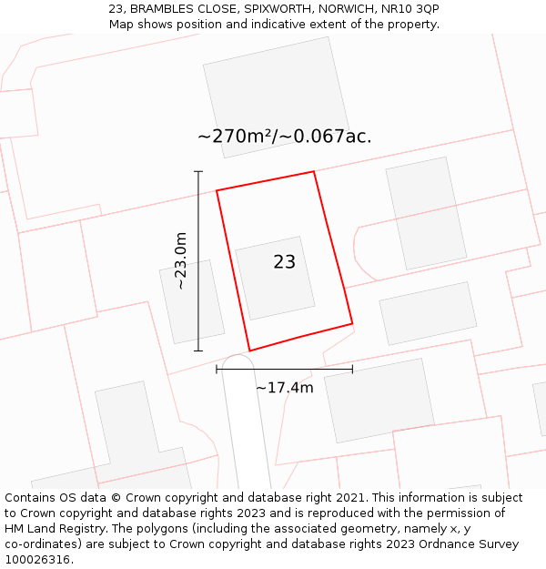 23, BRAMBLES CLOSE, SPIXWORTH, NORWICH, NR10 3QP: Plot and title map