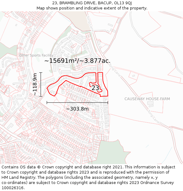 23, BRAMBLING DRIVE, BACUP, OL13 9QJ: Plot and title map