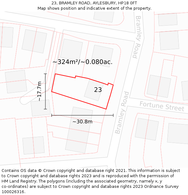 23, BRAMLEY ROAD, AYLESBURY, HP18 0FT: Plot and title map
