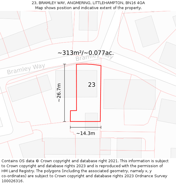 23, BRAMLEY WAY, ANGMERING, LITTLEHAMPTON, BN16 4GA: Plot and title map