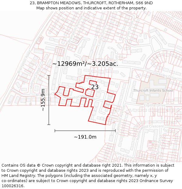 23, BRAMPTON MEADOWS, THURCROFT, ROTHERHAM, S66 9ND: Plot and title map