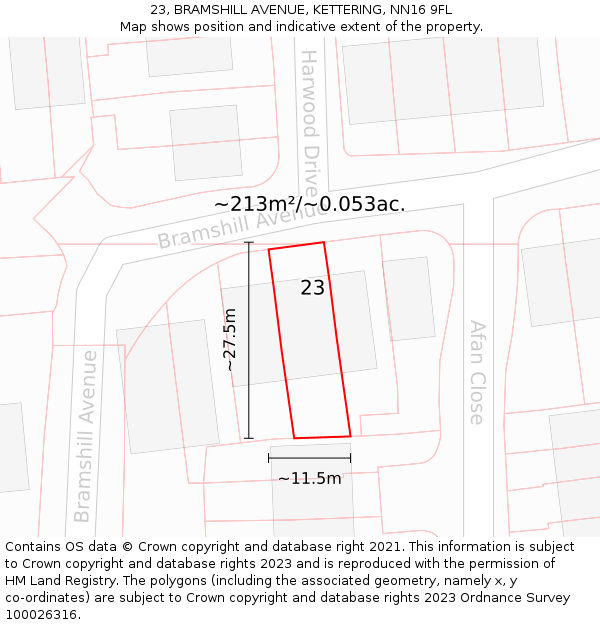 23, BRAMSHILL AVENUE, KETTERING, NN16 9FL: Plot and title map