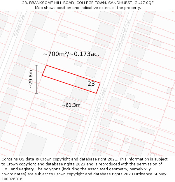 23, BRANKSOME HILL ROAD, COLLEGE TOWN, SANDHURST, GU47 0QE: Plot and title map