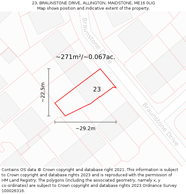 23, BRAUNSTONE DRIVE, ALLINGTON, MAIDSTONE, ME16 0UG: Plot and title map