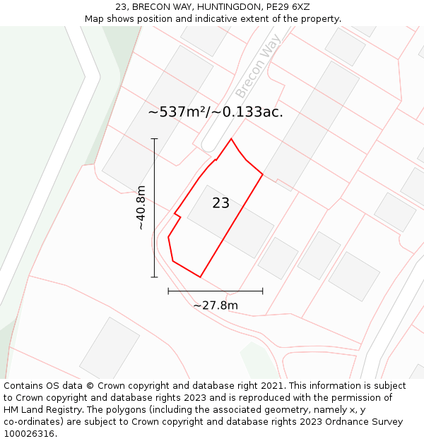23, BRECON WAY, HUNTINGDON, PE29 6XZ: Plot and title map