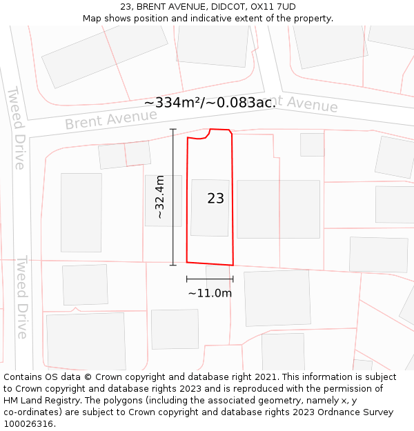 23, BRENT AVENUE, DIDCOT, OX11 7UD: Plot and title map