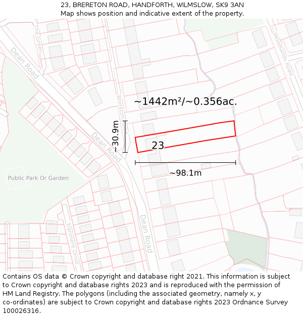 23, BRERETON ROAD, HANDFORTH, WILMSLOW, SK9 3AN: Plot and title map