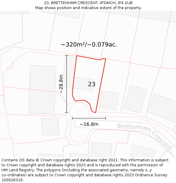 23, BRETTENHAM CRESCENT, IPSWICH, IP4 2UB: Plot and title map