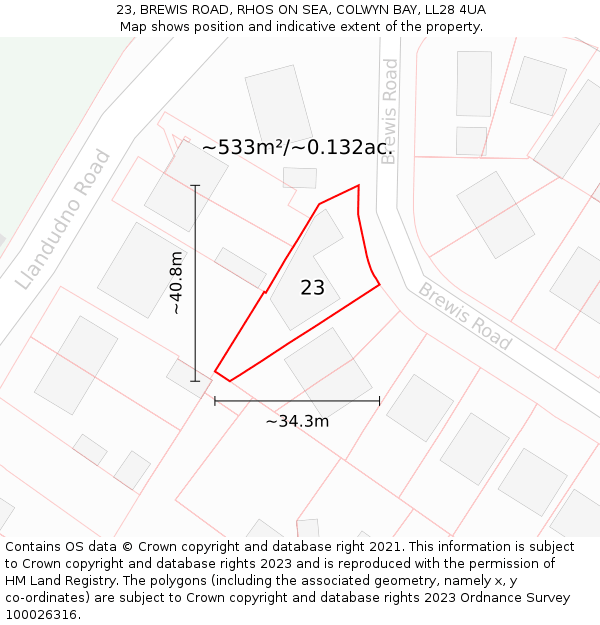 23, BREWIS ROAD, RHOS ON SEA, COLWYN BAY, LL28 4UA: Plot and title map