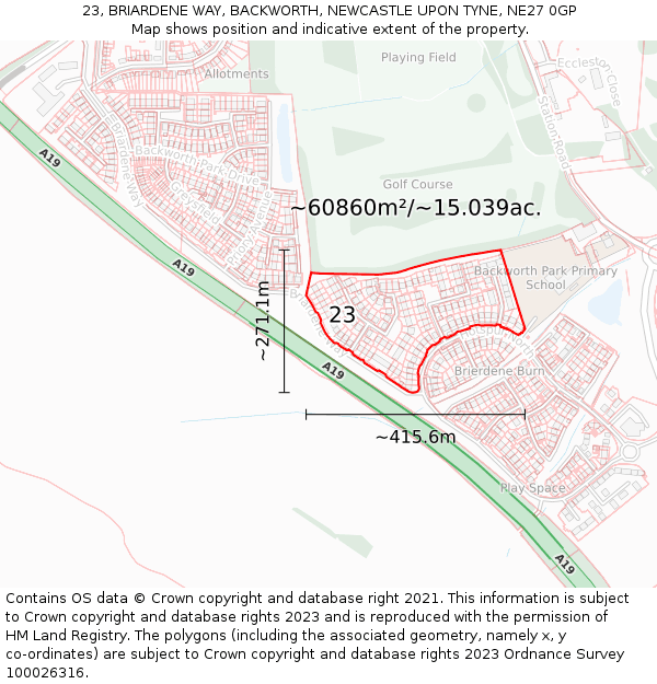 23, BRIARDENE WAY, BACKWORTH, NEWCASTLE UPON TYNE, NE27 0GP: Plot and title map