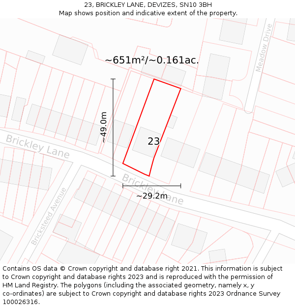 23, BRICKLEY LANE, DEVIZES, SN10 3BH: Plot and title map