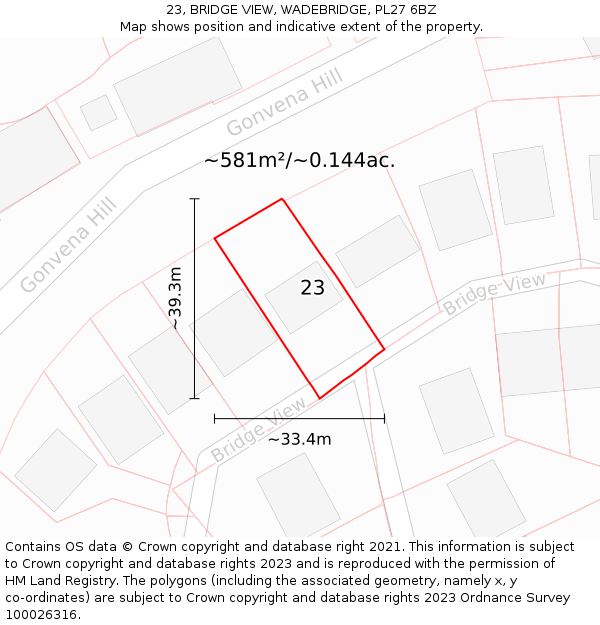 23, BRIDGE VIEW, WADEBRIDGE, PL27 6BZ: Plot and title map