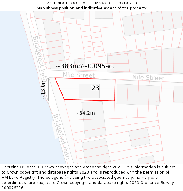 23, BRIDGEFOOT PATH, EMSWORTH, PO10 7EB: Plot and title map