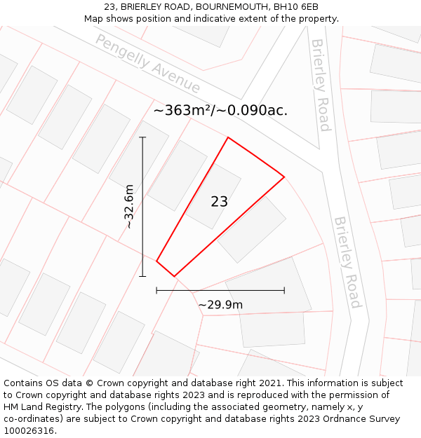 23, BRIERLEY ROAD, BOURNEMOUTH, BH10 6EB: Plot and title map